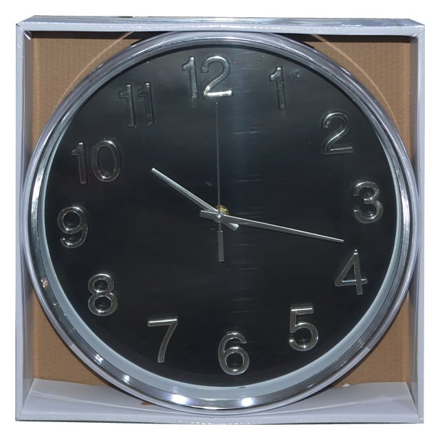 WALL CLOCK 12INCH ROUND BLACK W/SILVER RIM