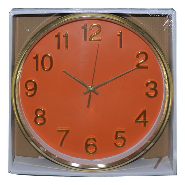 WALL CLOCK 12INCH ROUND ORANGE W/GOLD RIM