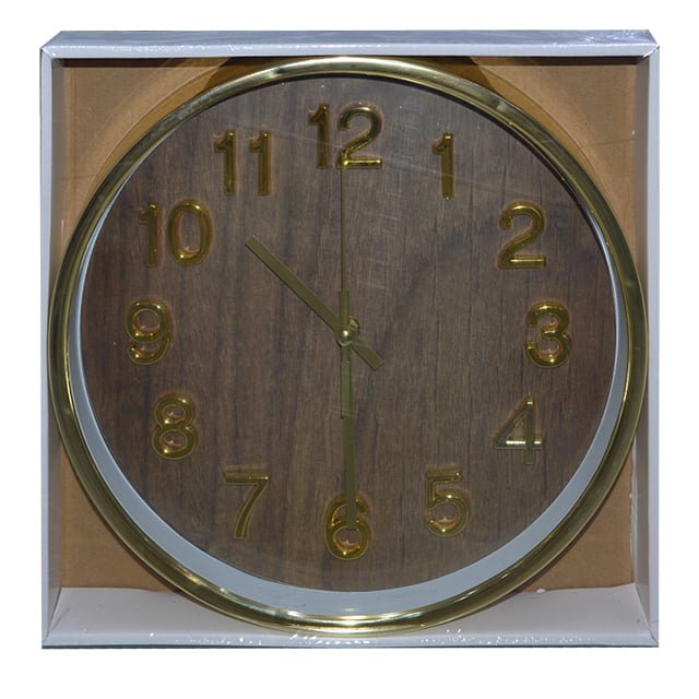 WALL CLOCK 12INCH ROUND WOODEN W/GOLD RIM