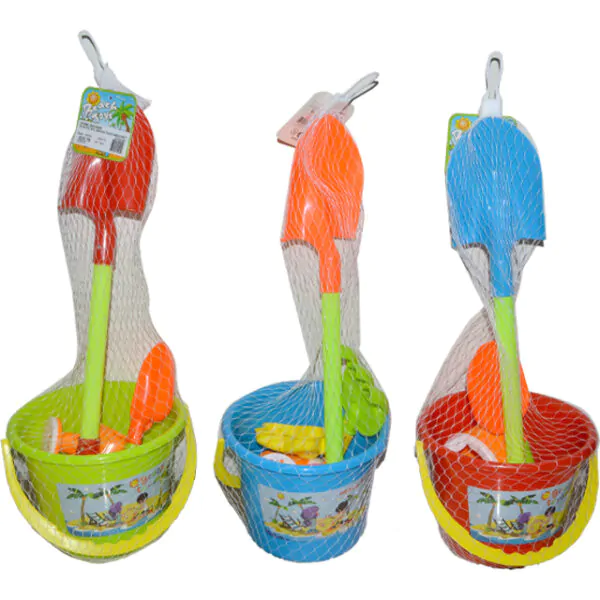 PLASTIC 5PC BEACH TOYS W/BUCKET 20x20CM (ASST)